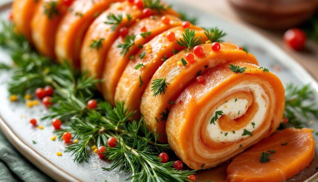 Cette bûche au saumon de Noël va surprendre vos invités : Pain de mie et herbes fraîches créent une entrée chic que personne n'oubliera.