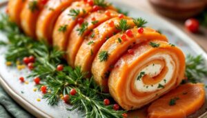 Cette bûche au saumon de Noël va surprendre vos invités : Pain de mie et herbes fraîches créent une entrée chic que personne n'oubliera.