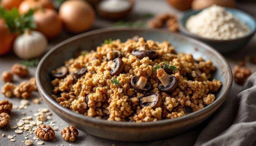 « Un accompagnement d’automne croustillant et original » : mon crumble salé aux champignons et noix ultra rapide