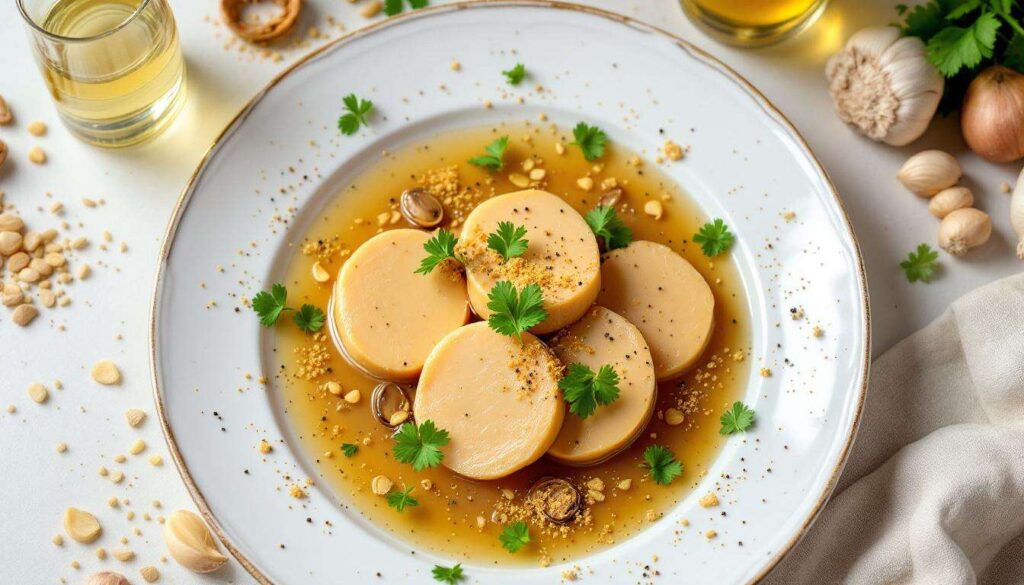 Foie gras poché dans un bouillon de volaille, champignons, chou et coriandre pour 4 personnes - Recettes