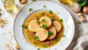 Foie gras poché dans un bouillon de volaille, champignons, chou et coriandre pour 4 personnes - Recettes
