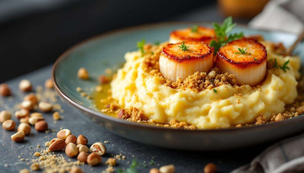 Ce plat de purée beurrée, crumble aux noisettes et Saint-Jacques au lard est une dinguerie sucré-salé absolue