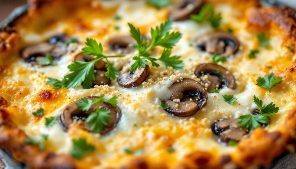 Ce gratin aux champignons réconcilie même les réfractaires : béchamel, parmesan et mozza font toute la magie