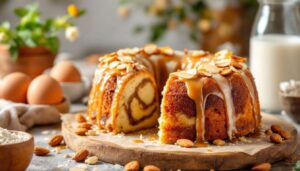 Gâteau aux pommes extra-moelleux à l’amande, marbré au caramel à la fleur de sel