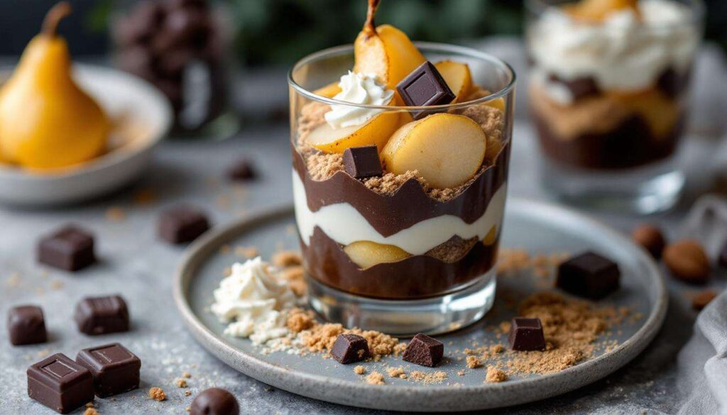 Verrines poire-chocolat au crumble doré : un dessert chic et facile à préparer