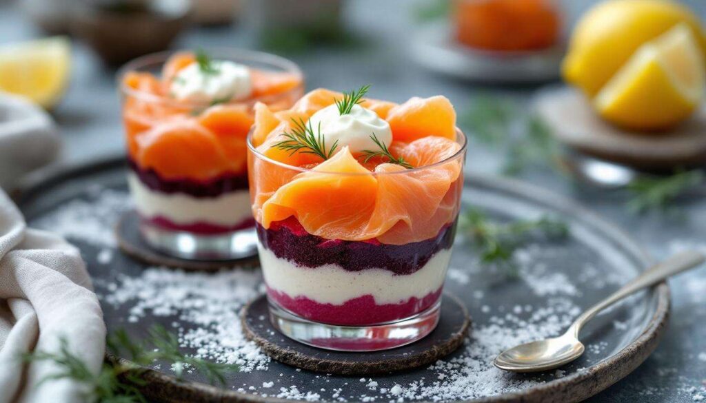 Verrines apéritives chic : mousse de saumon fumé, espuma de betterave et fromage frais