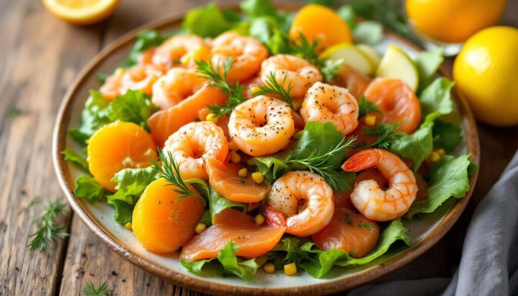 Salade au saumon fumé, crevettes, pomme et mandarines : fraîche, croquante et prête en 10 min