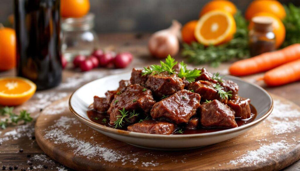 Bœuf longuement mijoté à l’orange et au vin rouge