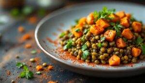 Mijoté de lentilles au piment chipotle et patates douces rôties